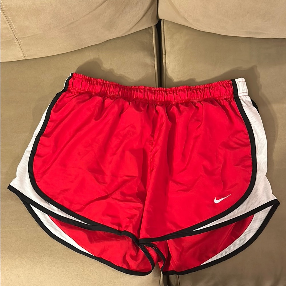 Nike Red and White Athletic Shorts with Curved Side Seams